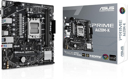 ASUS PRIME A620M-K AMD mATX Motherboard, DDR5, PCIe 4.0 M.2, HDMI, VGA, SATA 6Gbps, Two-Way AI Noise Cancellation, Aura Sync