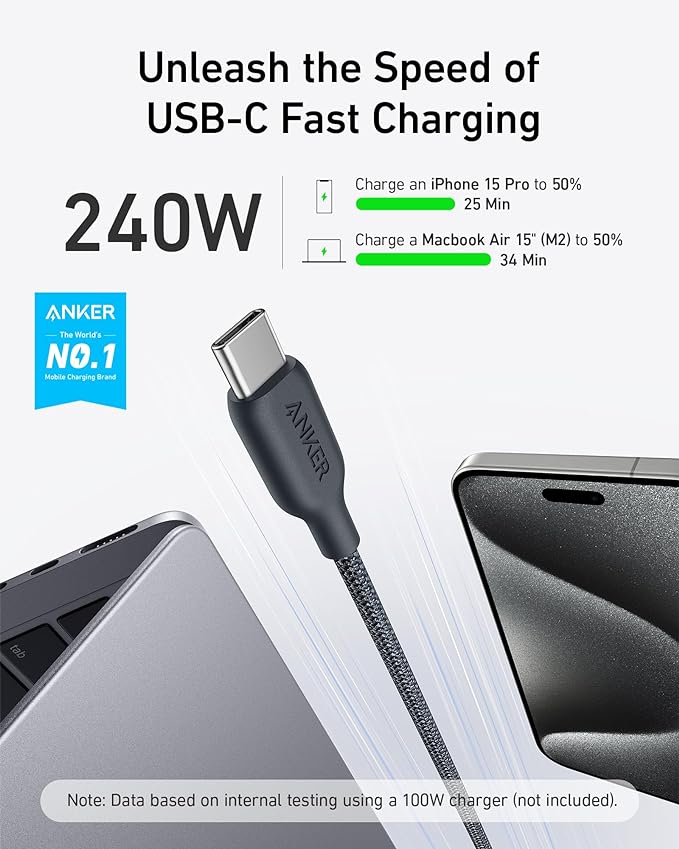 Anker USB C to C Charger Cable (240W, 6ft), Bio-Braided for iPhone 15/15 Plus/ 15 Pro/ 15 Pro Max, MacBook Pro 2020, iPad Pro 2020, iPad Air 4, Samsung Galaxy S23 (Phantom Black)