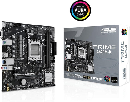 ASUS PRIME A620M-K AMD mATX Motherboard, DDR5, PCIe 4.0 M.2, HDMI, VGA, SATA 6Gbps, Two-Way AI Noise Cancellation, Aura Sync