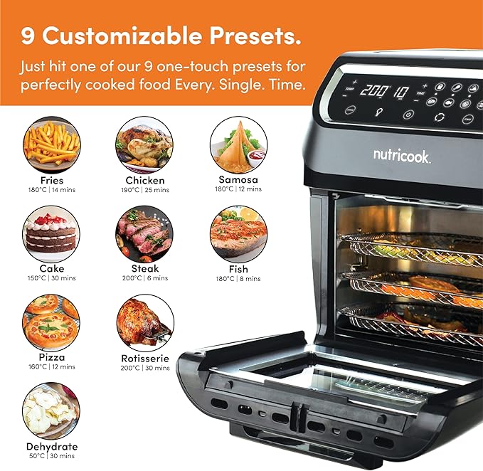 Nutricook Air Fryer Oven, 1800 Watts, Digital/One Touch Control Panel Display, 8 Preset Programs, 12 Liters, Black