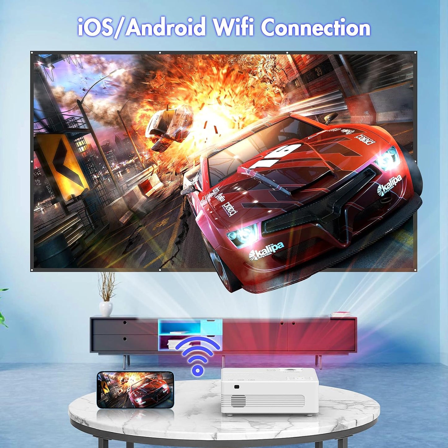 Mini WiFi Projector 1080P Full HD Supported, 7000 Lumen Portable Outdoor Video Projector Compatible with TV Stick Smartphone Tablet HDMI VGA USB, Multimedia Home Movie Theater Projector