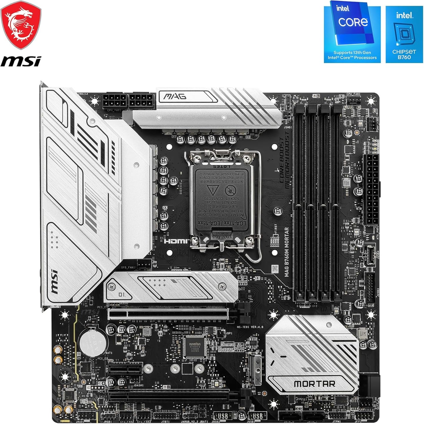 MSI MAG B760M Mortar WiFi Gaming Motherboard, Supports 12th/13th Gen Intel Processors, LGA 1700, DDR5, PCIe 5.0, M.2, 2.5Gbps LAN, USB 3.2 Gen2, Wi-Fi 6E, mATX - Black