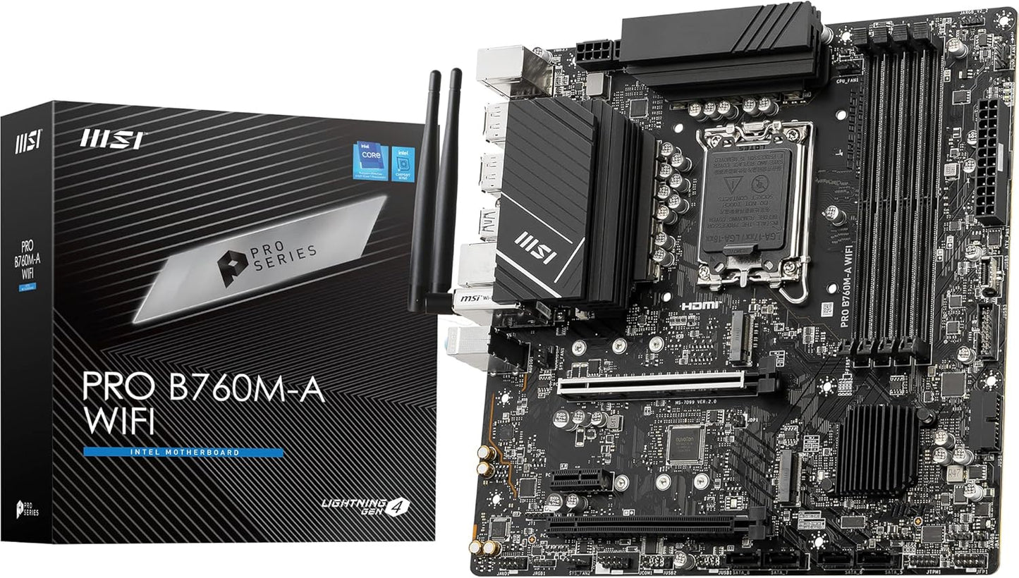 MSI PRO B760M-A WiFi Gaming ProSeries Motherboard, Supports 12th/13th Gen Intel Processors, LGA 1700, Micro-ATX, Wi-Fi 6E, DDR4 - Black - T