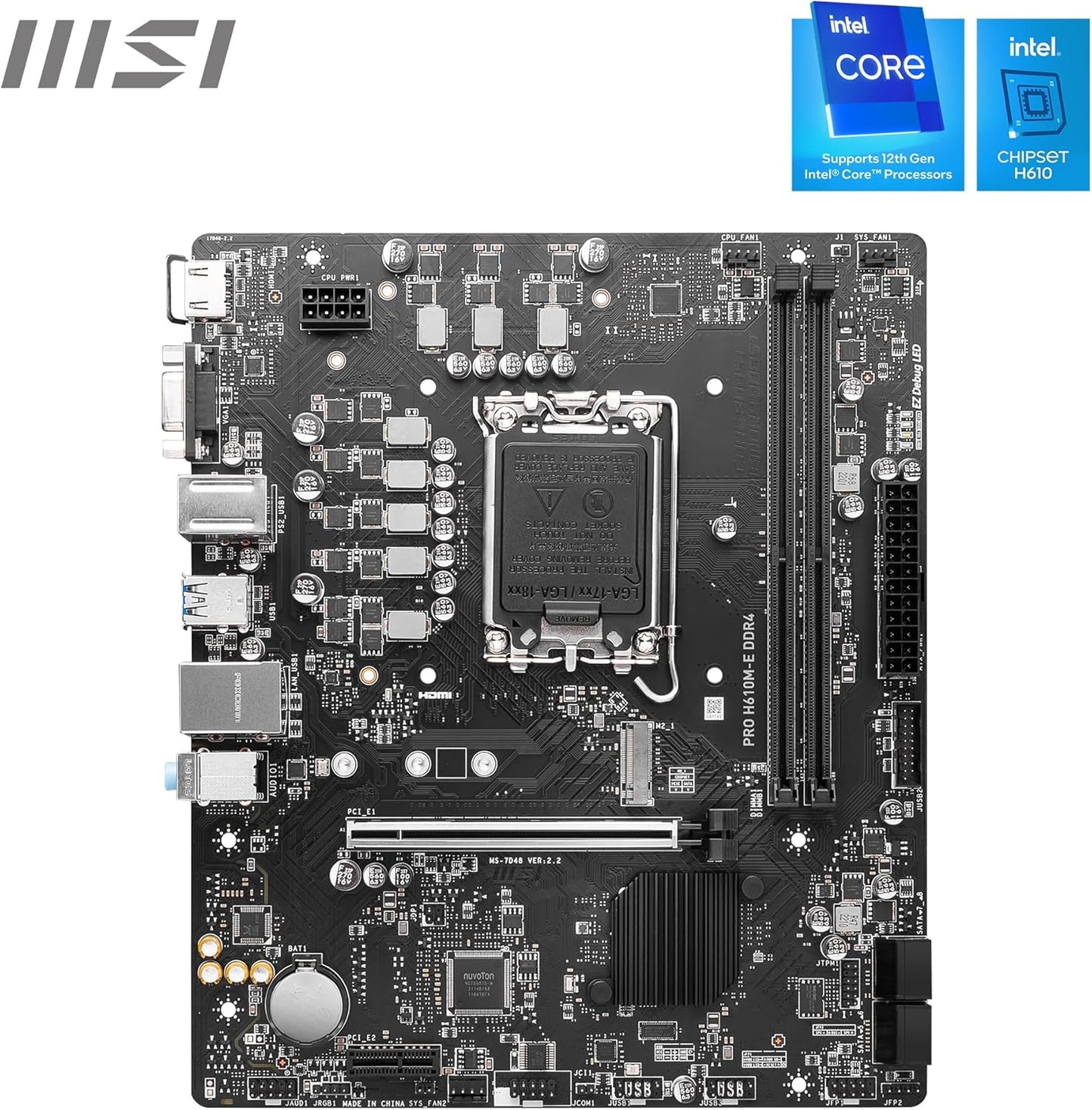 MSI PRO H610M-E DDR4 Motherboard, Micro-ATX - Supports Intel 12th Gen Core Processors, LGA 1700-2 x DIMMs (3200MHz), 1x PCIe 4.0 x16 slot, 1 x M.2 Gen3, USB 3.2 Gen1, 1G LAN, HDMI 1.4 & VGA - T