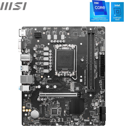 MSI PRO H610M-E DDR4 Motherboard, Micro-ATX - Supports Intel 12th Gen Core Processors, LGA 1700-2 x DIMMs (3200MHz), 1x PCIe 4.0 x16 slot, 1 x M.2 Gen3, USB 3.2 Gen1, 1G LAN, HDMI 1.4 & VGA - T