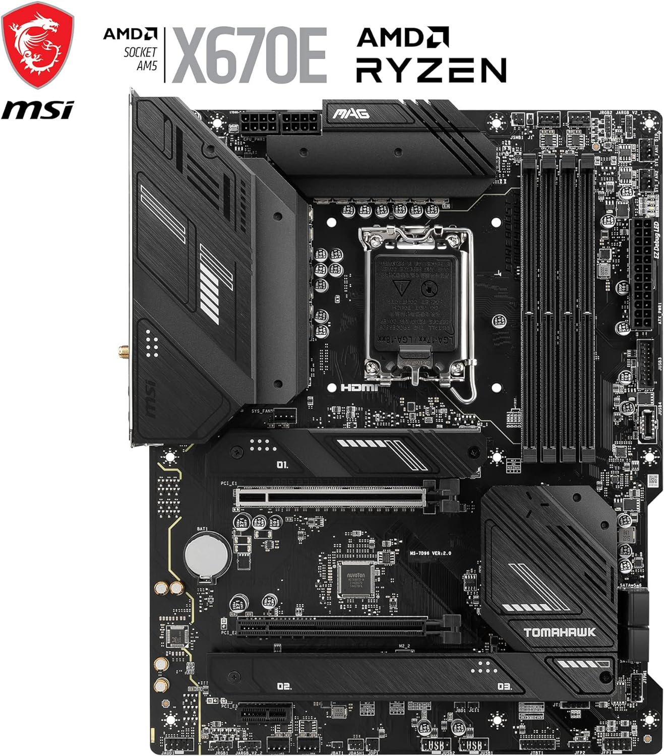 MSI MAG X670E TOMAHAWK WIFI Motherboard, ATX - Supports AMD Ryzen 7000 Series Processors, AM5-80A SPS VRM, DDR5 Memory Boost 6600+MHz/OC, PCIe 5.0 x16, M.2 Gen5, Wi-Fi 6E