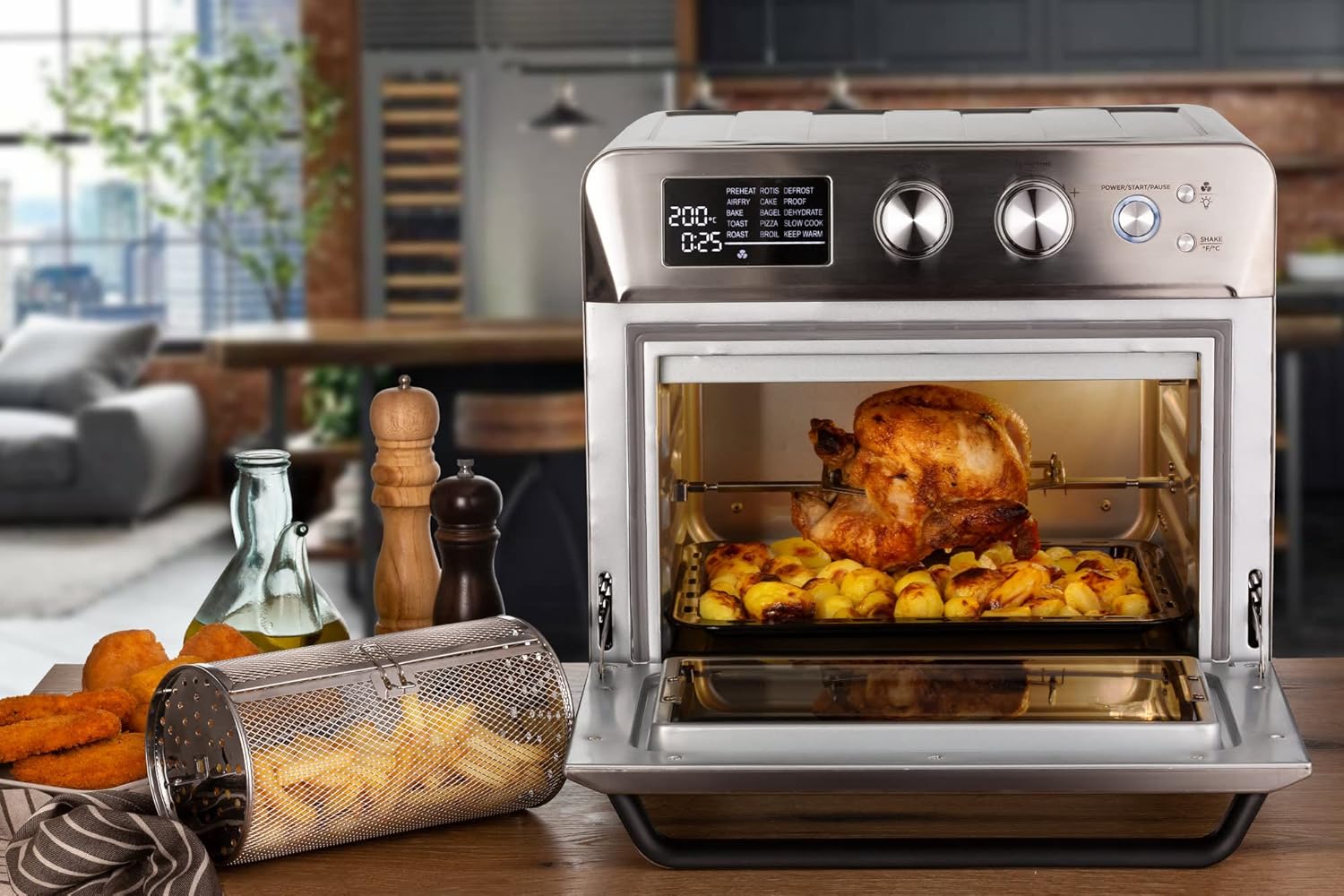 Ariete Airy Fryer 2-In-1, 25L Toaster Oven + 7L Air Fryer, Oven Toaster Grill With Large Capacity, Rotisserie Function, Silver (by De'longhi Group) - T