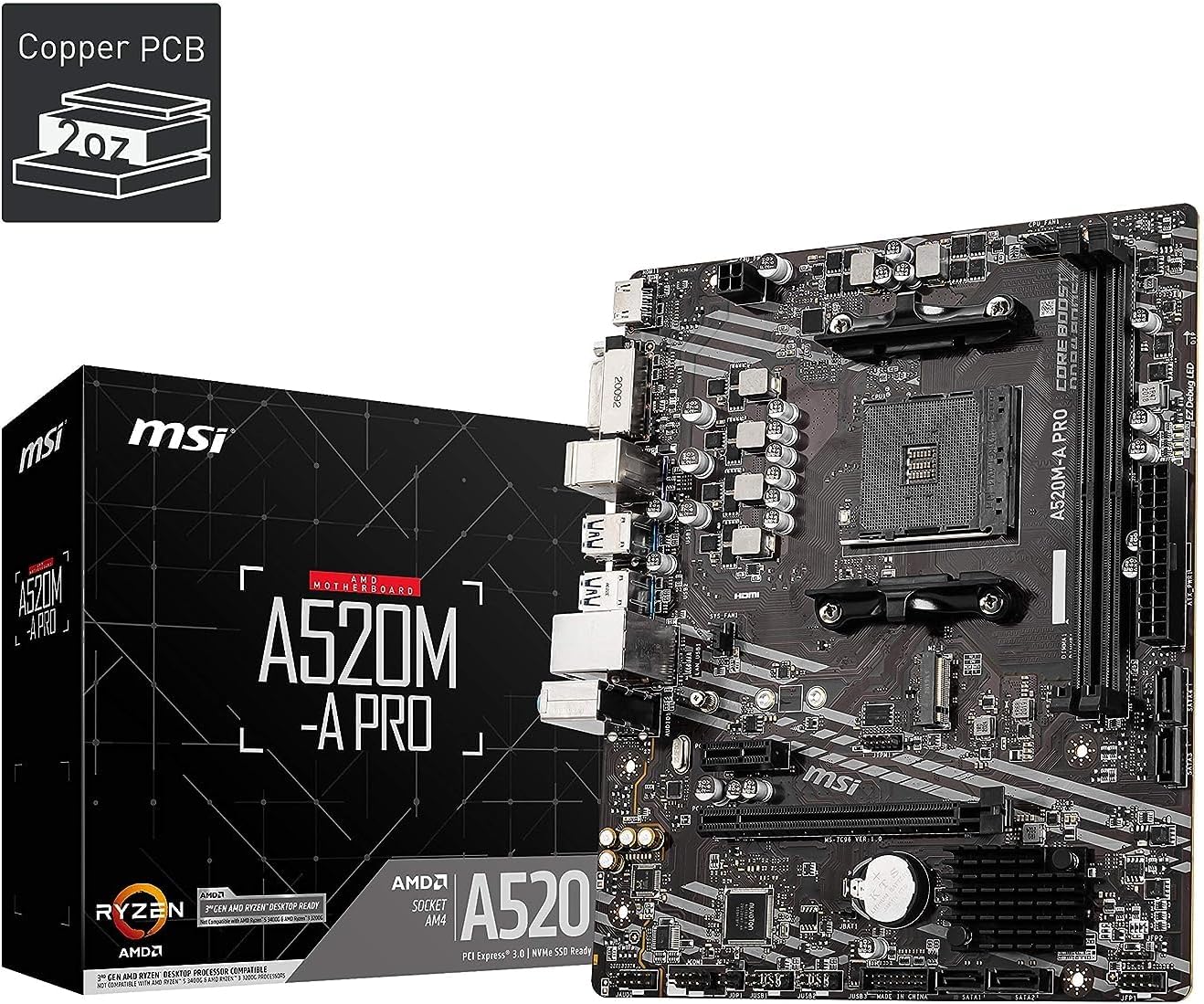 MSI A520M-A PRO Gaming Motherboard (AMD AM4, DDR4, PCIe 4.0, SATA 6Gb/s, Dual M.2, USB 3.2 Gen 1, DVI/HDMI, Micro-ATX) - T