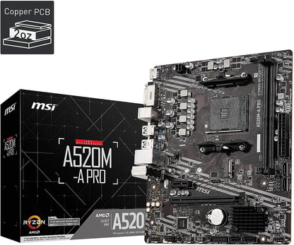 MSI A520M-A PRO Gaming Motherboard (AMD AM4, DDR4, PCIe 4.0, SATA 6Gb/s, Dual M.2, USB 3.2 Gen 1, DVI/HDMI, Micro-ATX) - T