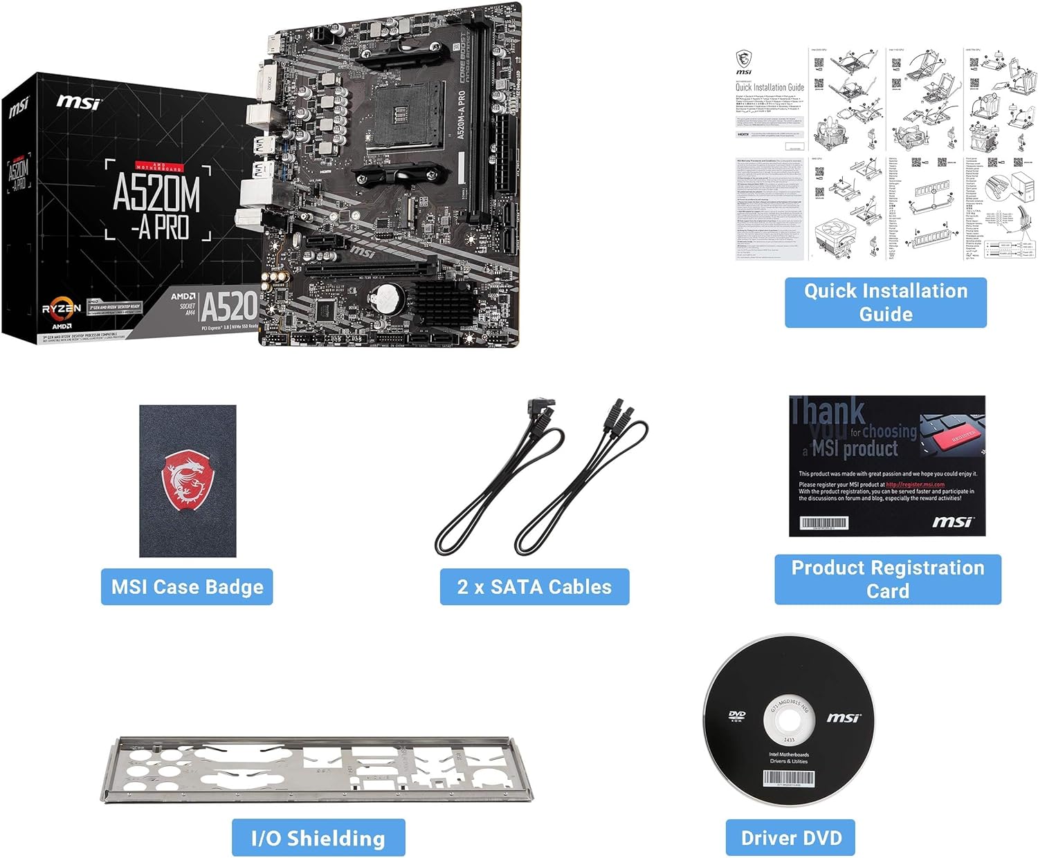 MSI A520M-A PRO Gaming Motherboard (AMD AM4, DDR4, PCIe 4.0, SATA 6Gb/s, Dual M.2, USB 3.2 Gen 1, DVI/HDMI, Micro-ATX) - T