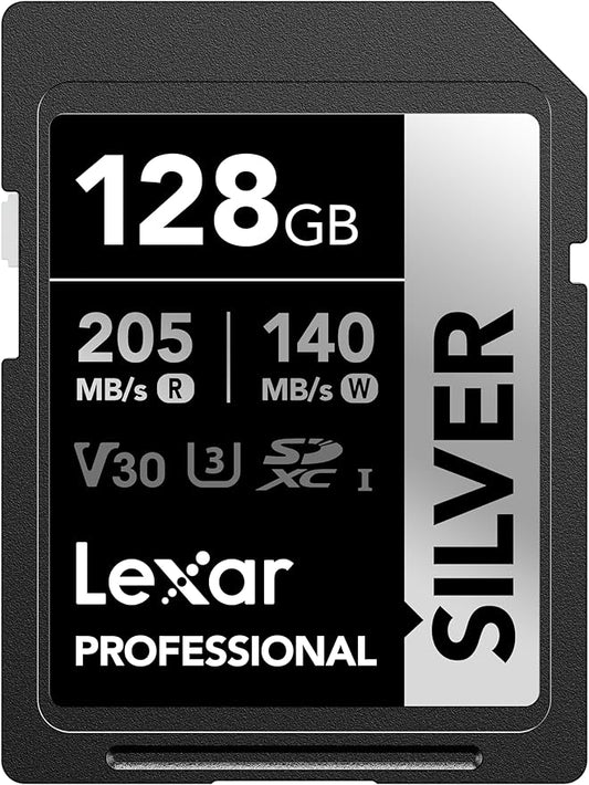 Lexar 128GB Professional Silver SDXC Memory Card, UHS-I, C10, U3, V30, 4K Video, Up to 205/140 MB/s Read/Write, for Professional Photographer, Videographer, Enthusiast (LSDSILV128G-BNNNU)