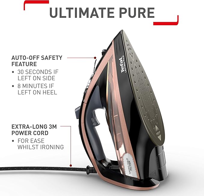 Tefal Ultimate Pure Steam Iron, 260g/min Steam Boost, 350ml Water Tank, 3m Power Cord, 3100W, Black and Rose Gold, FV9845