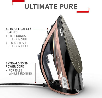 Tefal Ultimate Pure Steam Iron, 260g/min Steam Boost, 350ml Water Tank, 3m Power Cord, 3100W, Black and Rose Gold, FV9845