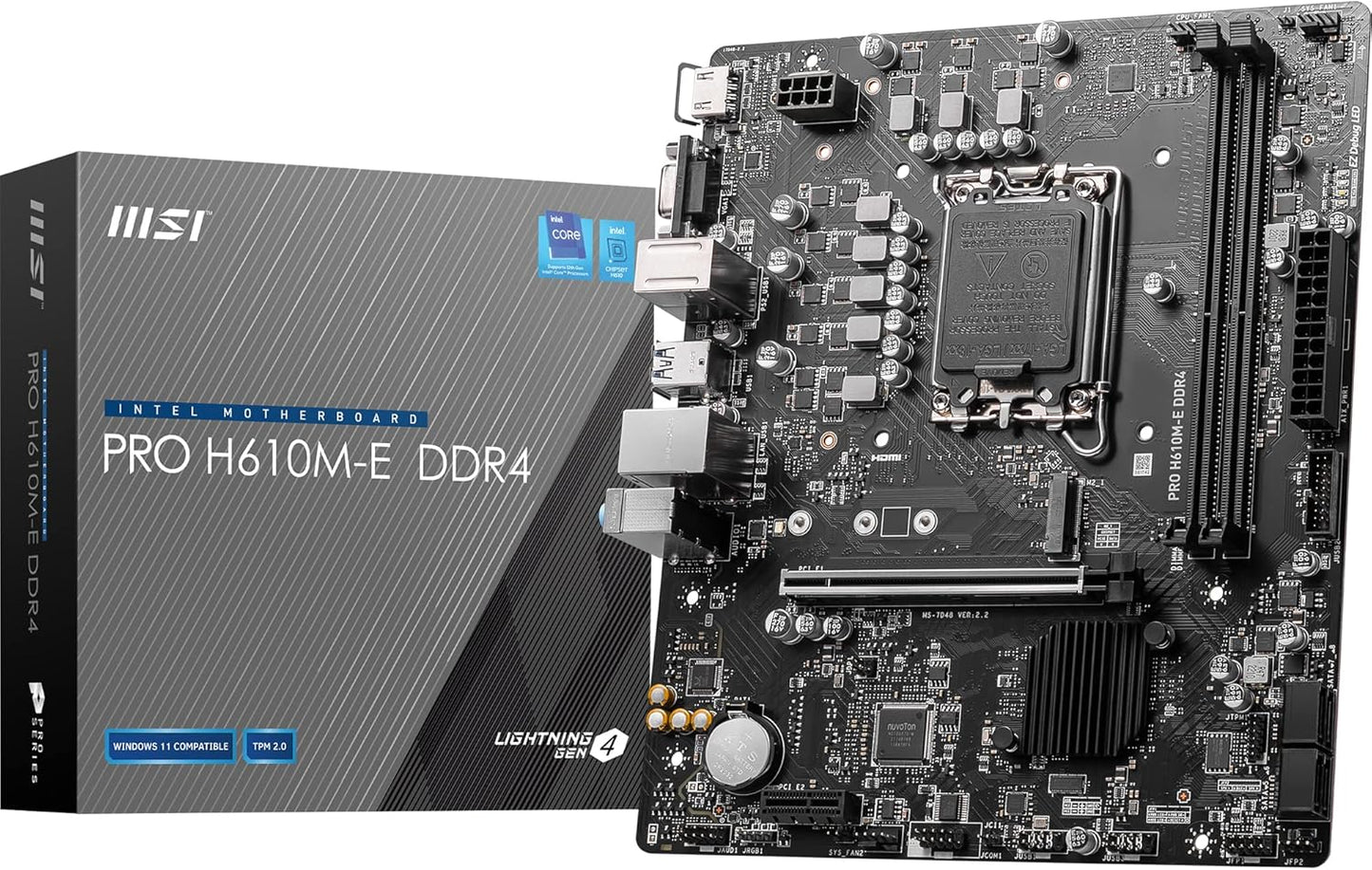 MSI PRO H610M-E DDR4 Motherboard, Micro-ATX - Supports Intel 12th Gen Core Processors, LGA 1700-2 x DIMMs (3200MHz), 1x PCIe 4.0 x16 slot, 1 x M.2 Gen3, USB 3.2 Gen1, 1G LAN, HDMI 1.4 & VGA - T