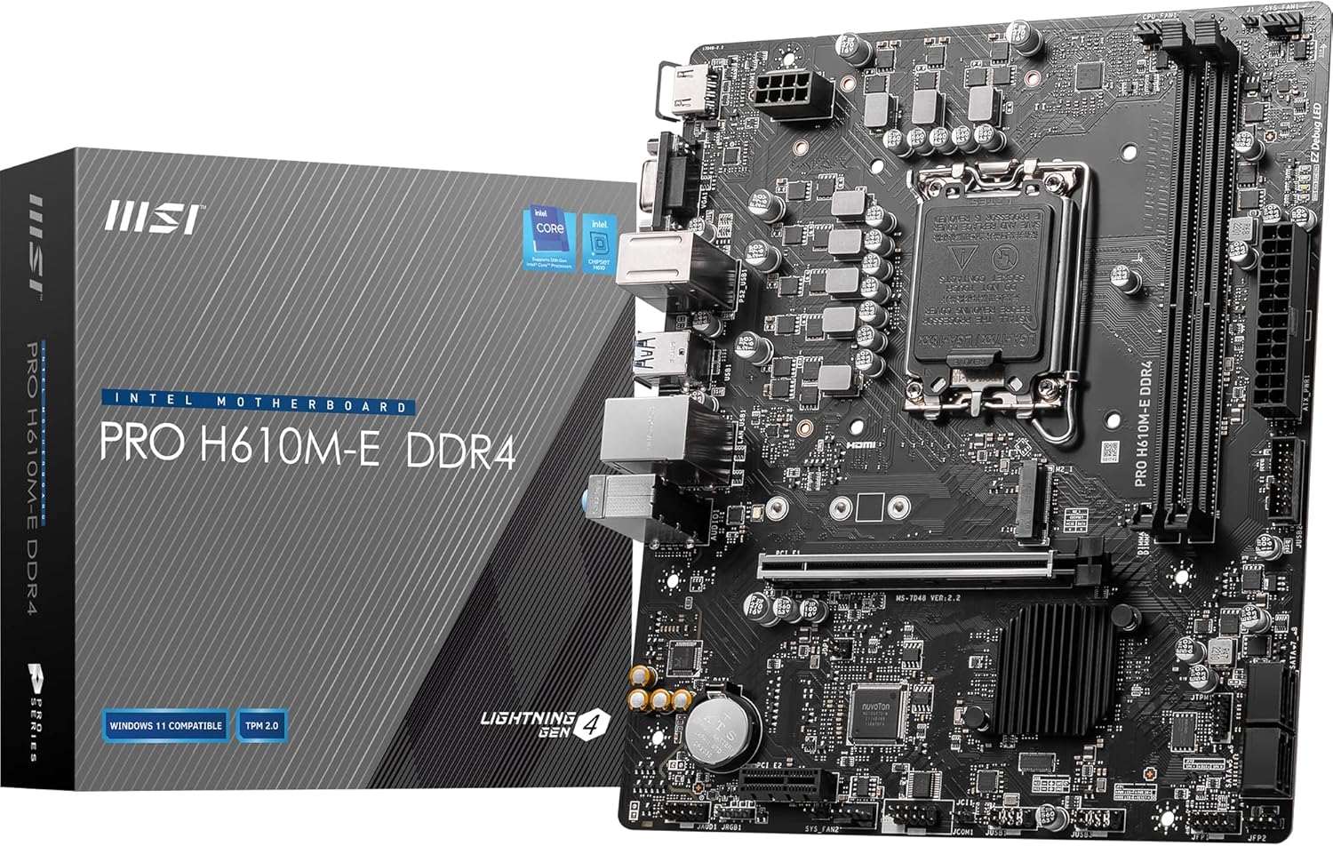 MSI PRO H610M-E DDR4 Motherboard, Micro-ATX - Supports Intel 12th Gen Core Processors, LGA 1700-2 x DIMMs (3200MHz), 1x PCIe 4.0 x16 slot, 1 x M.2 Gen3, USB 3.2 Gen1, 1G LAN, HDMI 1.4 & VGA - T