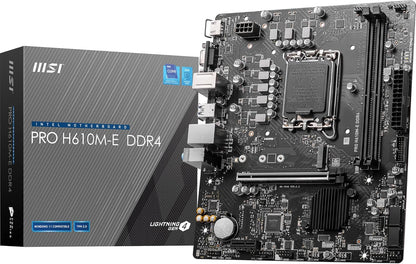 MSI PRO H610M-E DDR4 Motherboard, Micro-ATX - Supports Intel 12th Gen Core Processors, LGA 1700-2 x DIMMs (3200MHz), 1x PCIe 4.0 x16 slot, 1 x M.2 Gen3, USB 3.2 Gen1, 1G LAN, HDMI 1.4 & VGA - T