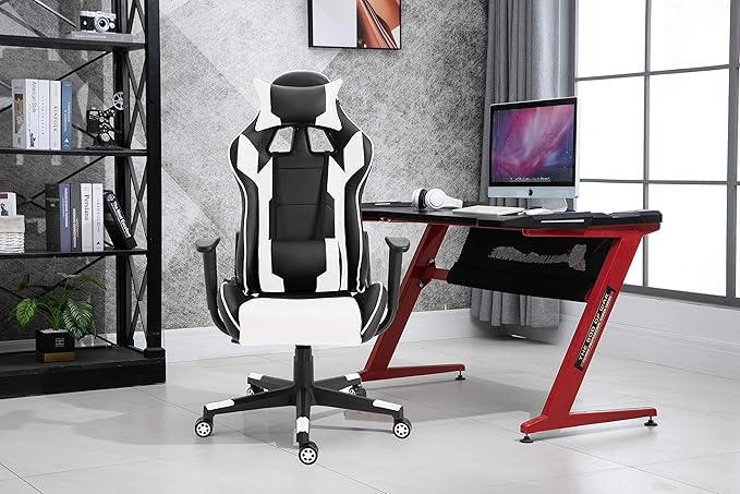 MAHMAYI OFFICE FURNITURE C599 Adjustable PU Leather Gaming Chair - PC Computer Chair for Gaming, or Students, Ergonomic Back Lumbar Support (White & Black, No Footrest)