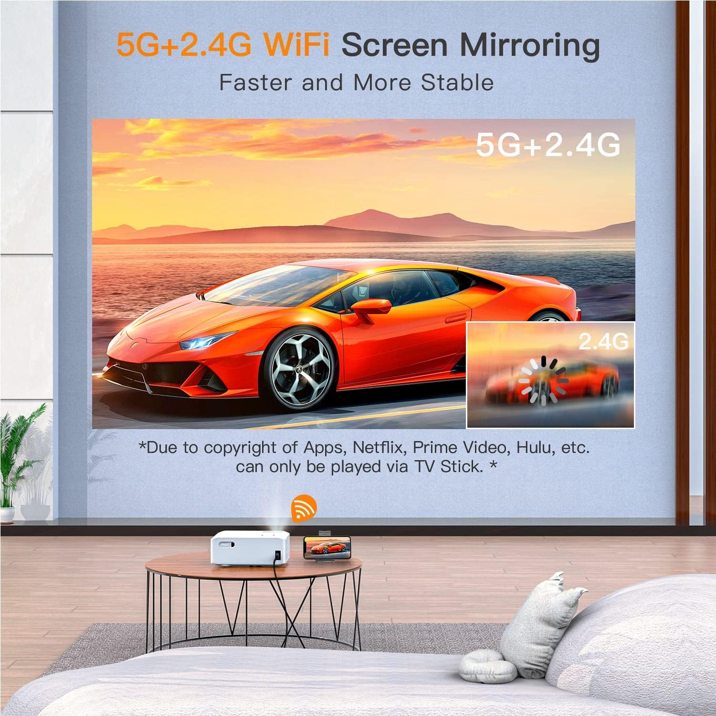 5G WiFi Bluetooth Projector 4K Supported, VISSPL Native HD 1080P 15000 Lux Projector with 100"Screen and Tripod, 6D/4P Keystone, 300" Display,PPT, Outdoor Home Movie Projector for Android/iOS etc