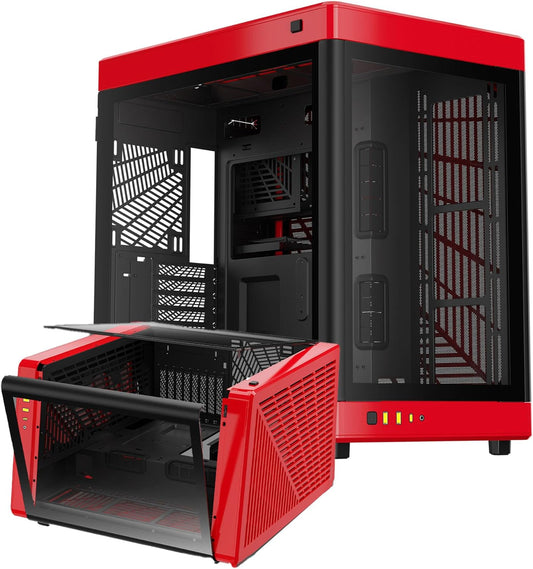 GAMDIAS NESO P1 Black Red Full Tower ATX Case - One Touch Swing Open - Panoramic Tempered Glass Panel - Dual Cahmber - Dual Orientation - High Airflow - Cable Managment - Spacious Interior