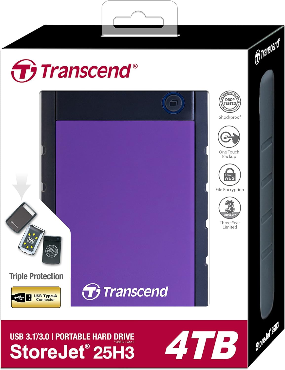 Transcend 4 TB Rugged Portable Hard Drive - Shock Resistant USB 3.1 Gen 1 StoreJet Purple - TS4TSJ25H3P