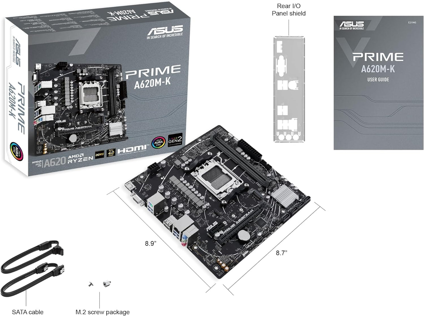 ASUS PRIME A620M-K AMD mATX Motherboard, DDR5, PCIe 4.0 M.2, HDMI, VGA, SATA 6Gbps, Two-Way AI Noise Cancellation, Aura Sync