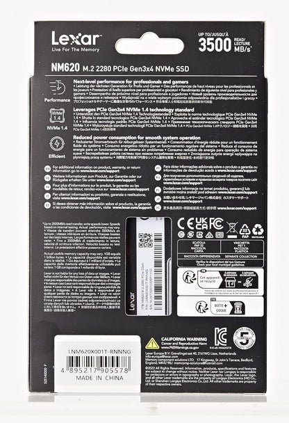 Lexar NM620 1TB SSD, M.2 2280 PCIe Gen3x4 NVMe 1.4 Internal SSD, Up to 3500MB/s Read, 3000MB/s Write, 3D NAND Flash Internal Solid State Drive for PC Enthusiasts and Gamers (LNM620X001T-RNNNG)