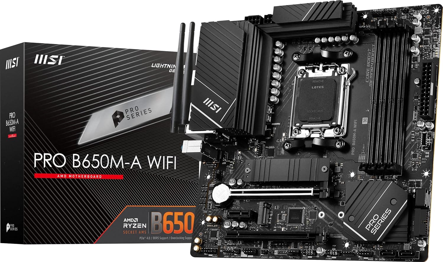 MSI PRO B650M-A WiFi ProSeries Motherboard (AMD AM5, mATX, DDR5, PCIe 4.0, M.2, SATA 6Gb/s, USB 3.2 Gen 2, HDMI/DP, Wi-Fi 6E, AMD Ryzen 7000 Series Desktop Processors) - T