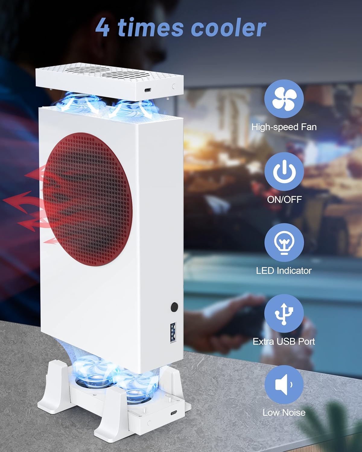 Narati Cooling Fan for Xbox Series S, Cooling Stand Cooler System, Four Cooling Fan for Top and Bottom, 3 Level Fan Speed 2300/2800/3200RPM with LED Indicator and 4 Extra USB Ports, Low Noise - T