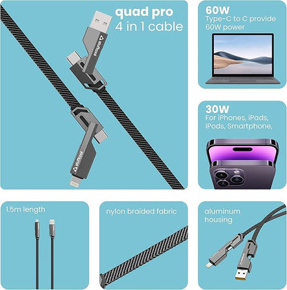 Stuffcool Quad Pro 4 in 1 Metal Flat Braided Indestructible Cable 1.5m 60W with lightning to type C, type C to C, Lighting to type A compatible for iPhones, iPads, Macbooks, Type C Laptops (Grey)