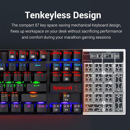 Redragon K552 Mechanical Gaming Keyboard Rainbow LED Backlit Wired with Anti-Dust Proof Switches for Windows PC (Black, 87 Keys Blue Switches)