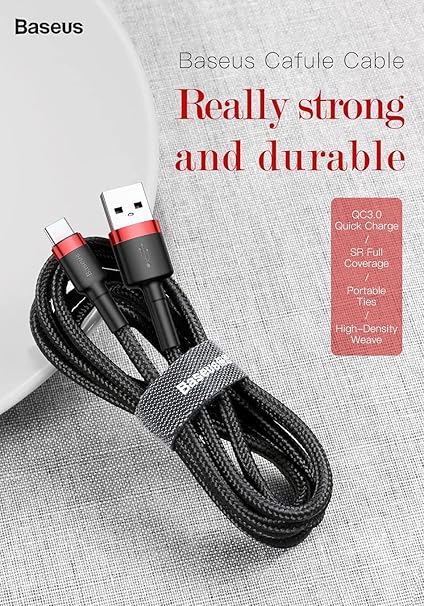 Baseus 3A Type-C Super Fast Q.C3 Charging and Data Cable Braided Wire USB/USB-C for Samsung/Huawei/Xiaomi/Oppo and All Mobile Devices (1 Meter)