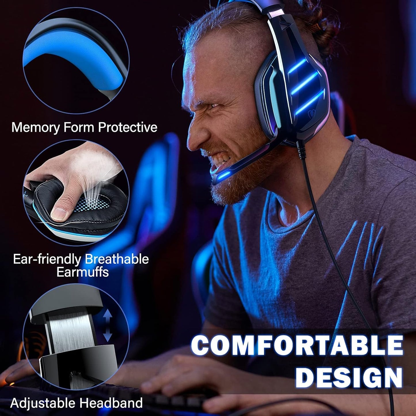 BXCUX Gaming Headset for PS4 PS5 PC Xbox One, PS4 Headset with Microphone Surround Bass Sound Headphones Noise Cancelling LED Lights