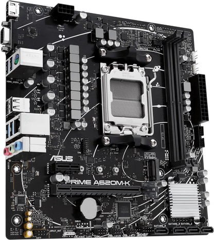 ASUS PRIME A620M-K AMD mATX Motherboard, DDR5, PCIe 4.0 M.2, HDMI, VGA, SATA 6Gbps, Two-Way AI Noise Cancellation, Aura Sync