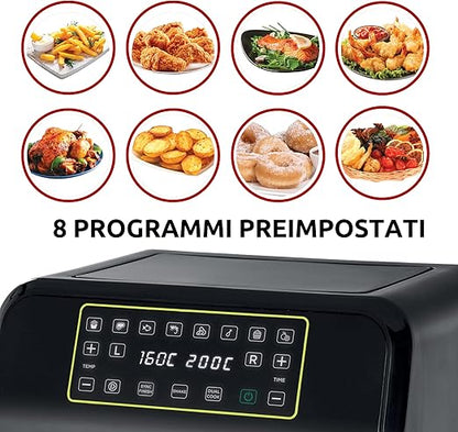 Ariete 4623 Airy Metal Air Fryer Double Basket, 1700 W, 8 Liters, 3 Cooking Functions, digital LED touch panel, 8 preset programs, timer, 2 Baskets, Black (by Delonghi Group) - T