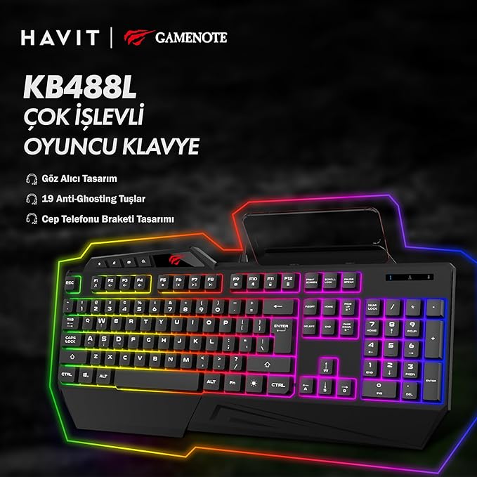 HAVIT KB488L Computer Keyboard 104 Keys with Rainbow Backlit & Wrist Rest (Arabic+English)