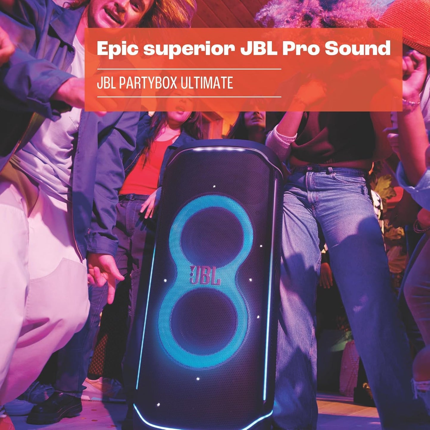 JBL Partybox Ultimate Massive party speaker with powerful sound, multi-dimensional lightshow, and splashproof design.