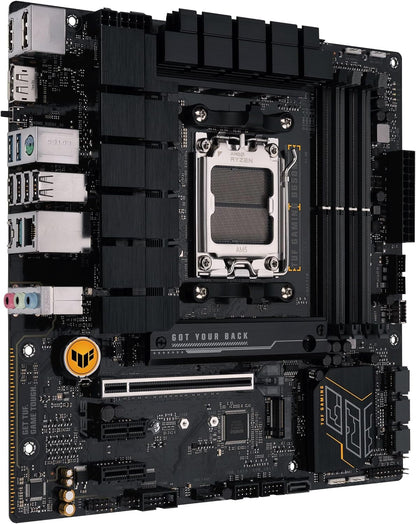 ASUS TUF GAMING B650M-E AMD mATX Motherboard, 8+2 DrMOS DDR5, PCIe 5.0, 2 M.2 Slots, Realtek Ethernet 2.5Gb, 2 DisplayPort, HDMI, USB Type-C, Bidirectional AI Noise Cancellation and Aura Sync