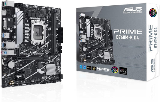 ASUS Prime B760M-K D4 Intel® B760 (LGA 1700)(13th and 12th Gen) mATX Motherboard, PCIe 4.0, Two PCIe 4.0 M.2 Slots, DDR4, Realtek 2.5Gb Ethernet, HDMI®, SATA 6 Gbps, Front USB 3.2 Gen 1, Aura Sync