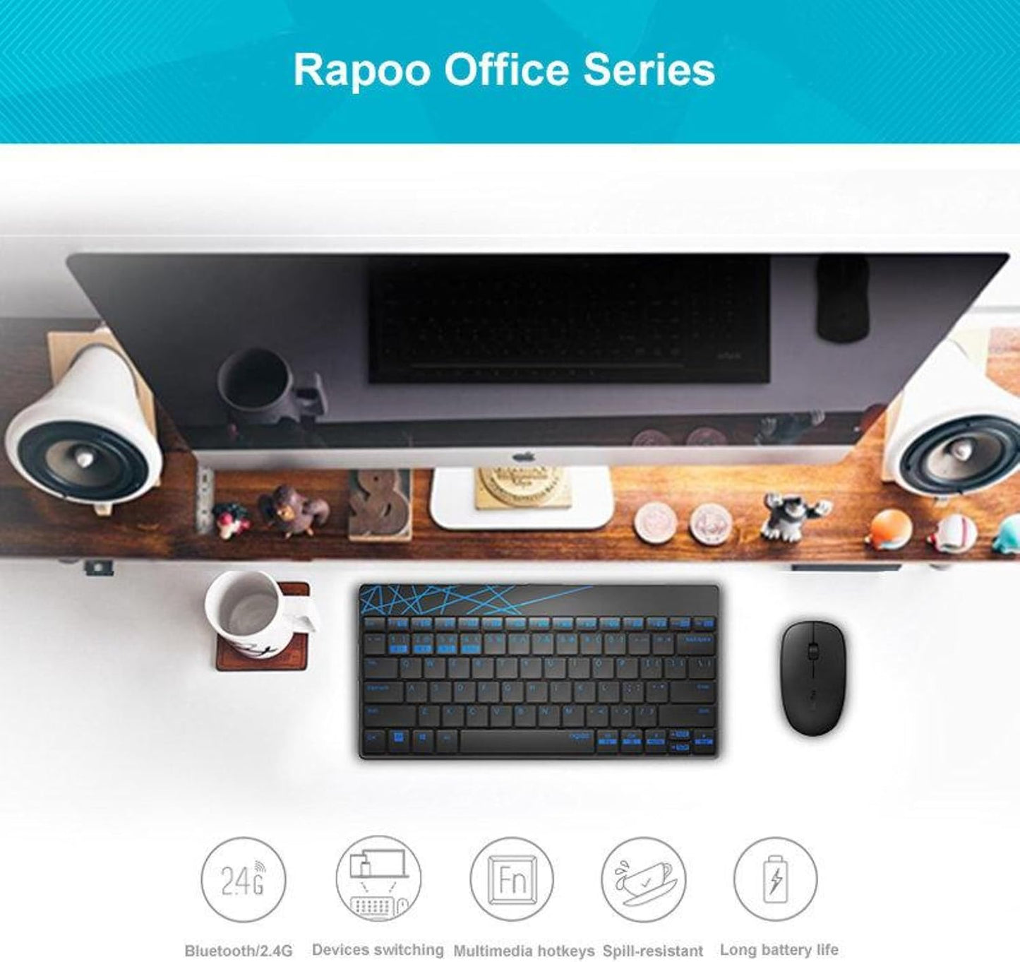 Rapoo 8000M Multi-Mode Keyboard and Mouse Set Bluetooth 3.0/4.0 Wireless 2.4 GHz 1300 DPI Combo- Black