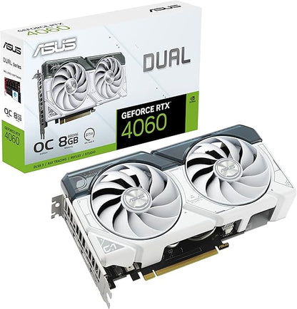 ASUS Dual GeForce RTX 4060 EVO OC Edition 8GB GDDR6 (PCIe 4.0, 8GB GDDR6, DLSS 3, HDMI 2.1a, DisplayPort 1.4a, Axial-Tech Fan Design, 0dB Technology, Dual BIOS, Auto-Extreme Technology), White