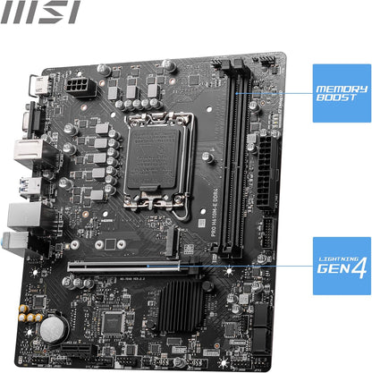 MSI PRO H610M-E DDR4 Motherboard, Micro-ATX - Supports Intel 12th Gen Core Processors, LGA 1700-2 x DIMMs (3200MHz), 1x PCIe 4.0 x16 slot, 1 x M.2 Gen3, USB 3.2 Gen1, 1G LAN, HDMI 1.4 & VGA - T