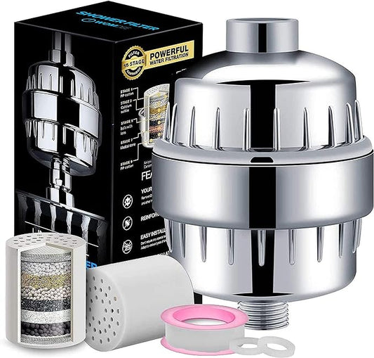 Womdee 15 Stage Shower Filter For Hard Water - Shower Head Filter Remove Chlorine - Shower Filters 2 Cartridges Included