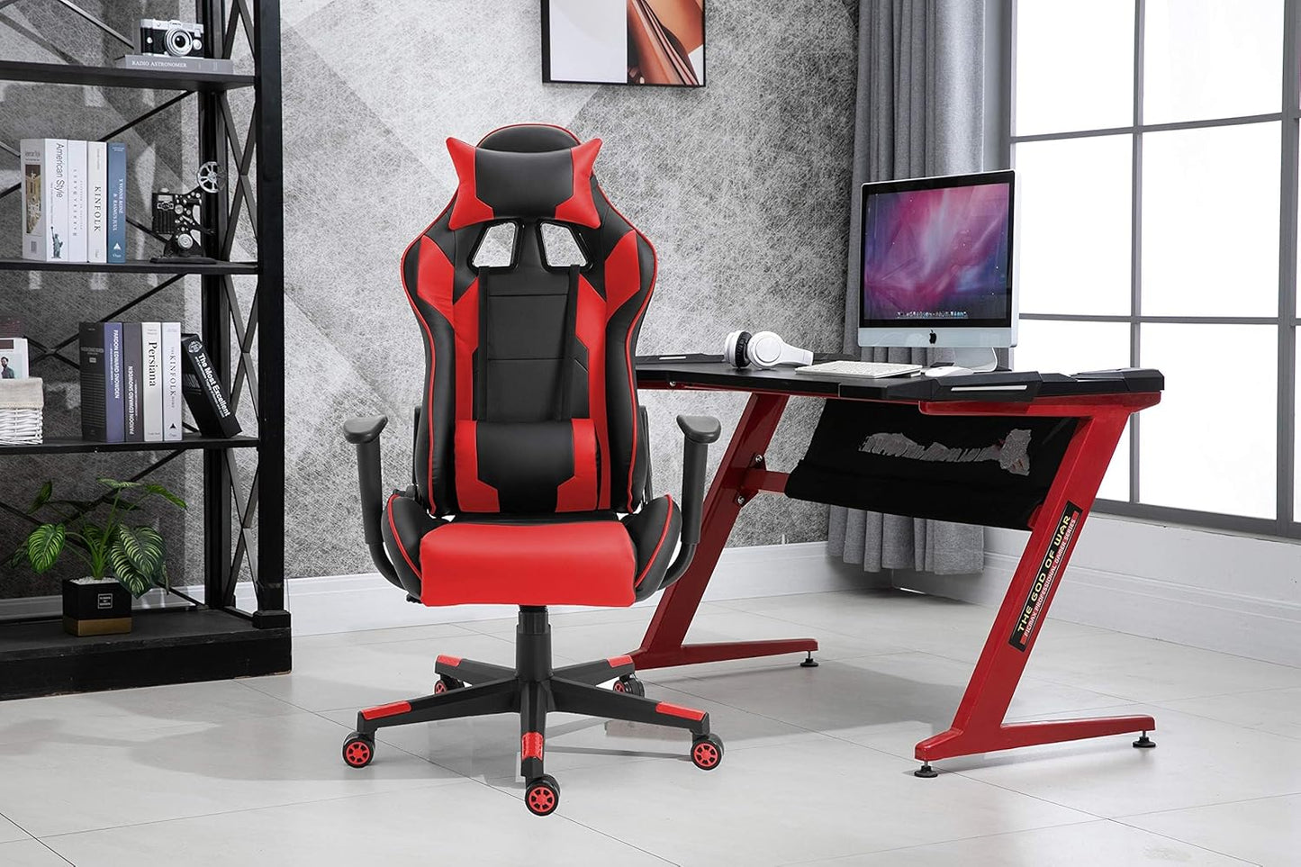 MAHMAYI OFFICE FURNITURE C599 Gaming Chair High Back Computer Chair PU Leather Desk Chair PC Racing Executive Ergonomic Adjustable Swivel Task Chair with Headrest and Lumbar Support (RED, No Footrest)