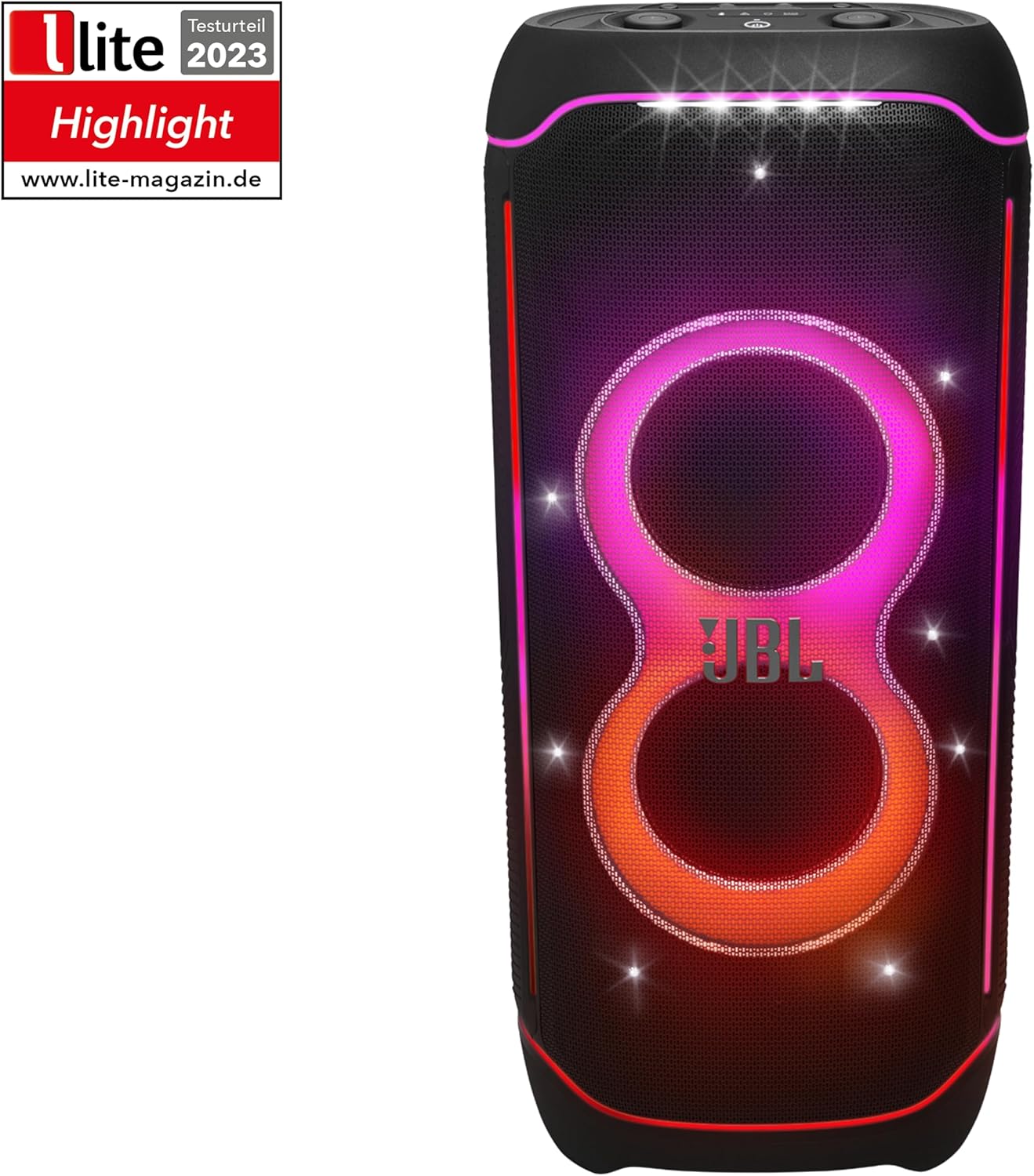 JBL Partybox Ultimate Massive party speaker with powerful sound, multi-dimensional lightshow, and splashproof design.