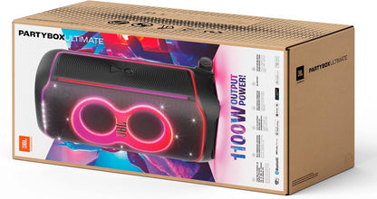 JBL Partybox Ultimate Massive party speaker with powerful sound, multi-dimensional lightshow, and splashproof design.