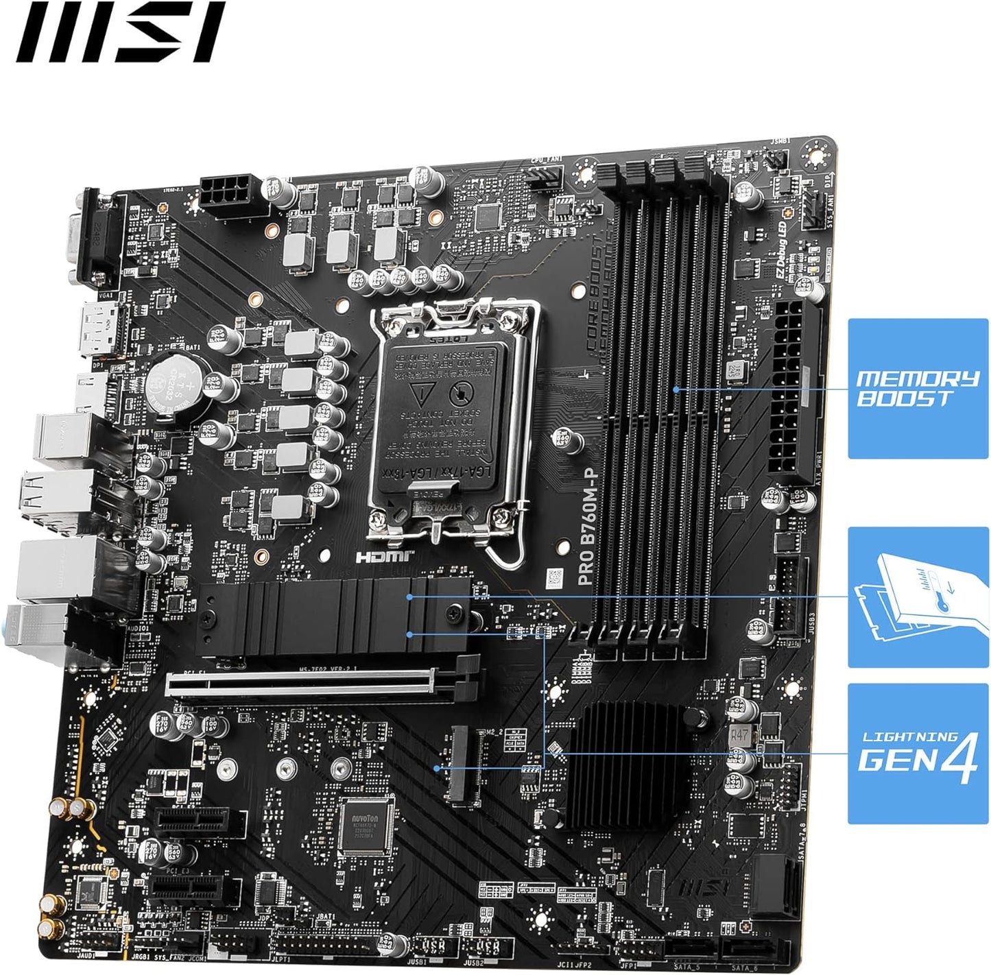 MSI PRO B760M-P Motherboard, Micro-ATX - Supports 12th and 13th Gen Intel Core Processors, LGA 1700 - DDR5 Memory Boost 6800+MHz/OC, PCIe 4.0 x16 Slot, M.2 Gen4 Slots - T