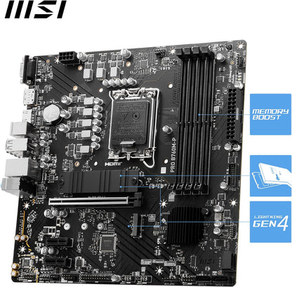 MSI PRO B760M-P Motherboard, Micro-ATX - Supports 12th and 13th Gen Intel Core Processors, LGA 1700 - DDR5 Memory Boost 6800+MHz/OC, PCIe 4.0 x16 Slot, M.2 Gen4 Slots - T
