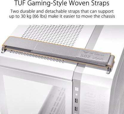 ASUS TUF Gaming GT502 White ATX Mid-Tower Computer Case,Front Panel RGB Button,USB 3.2 Type-C,2x USB 3.0 Ports,Tool-free Side Panel,ARGB Hub, 360mm and 280mm Radiator compatible, Fabric Handle on top. - T