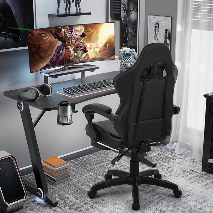 MoNiBloom Computer Gaming Chair with Footrest and Lumbar Support, Adjustable Hight Ergonomic Racing Chair for Adult Teen Office or Gaming, Carbon Fiber Leather High Back Video Game Chair, Black