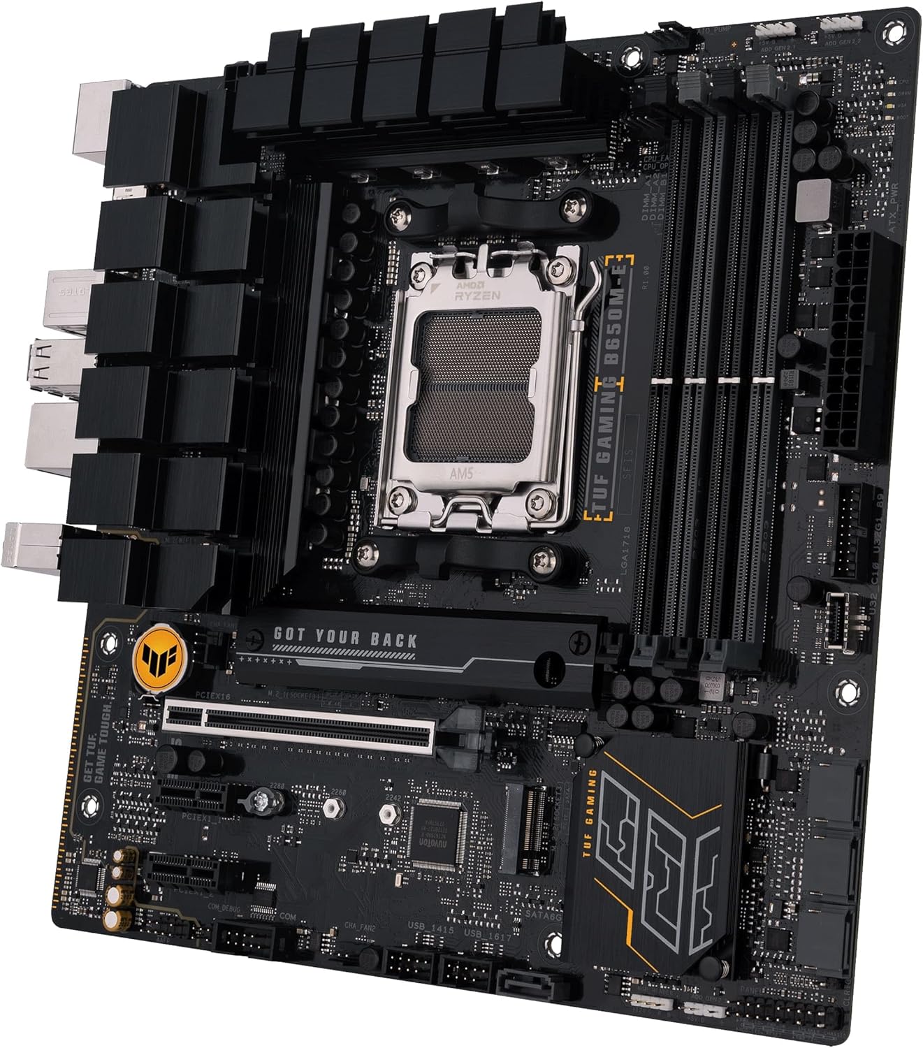 ASUS TUF GAMING B650M-E AMD mATX Motherboard, 8+2 DrMOS DDR5, PCIe 5.0, 2 M.2 Slots, Realtek Ethernet 2.5Gb, 2 DisplayPort, HDMI, USB Type-C, Bidirectional AI Noise Cancellation and Aura Sync